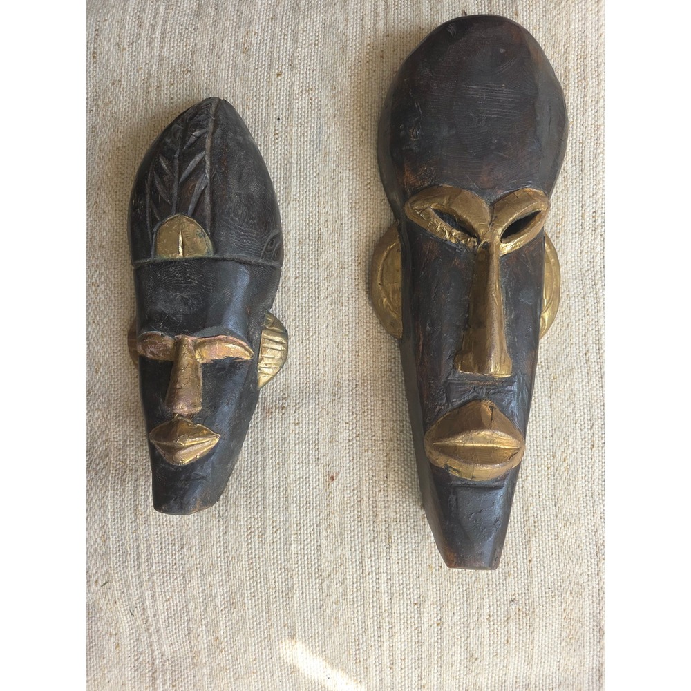Vintage Fakih Hand Carved Wood Mask Rajasthan India set of 2